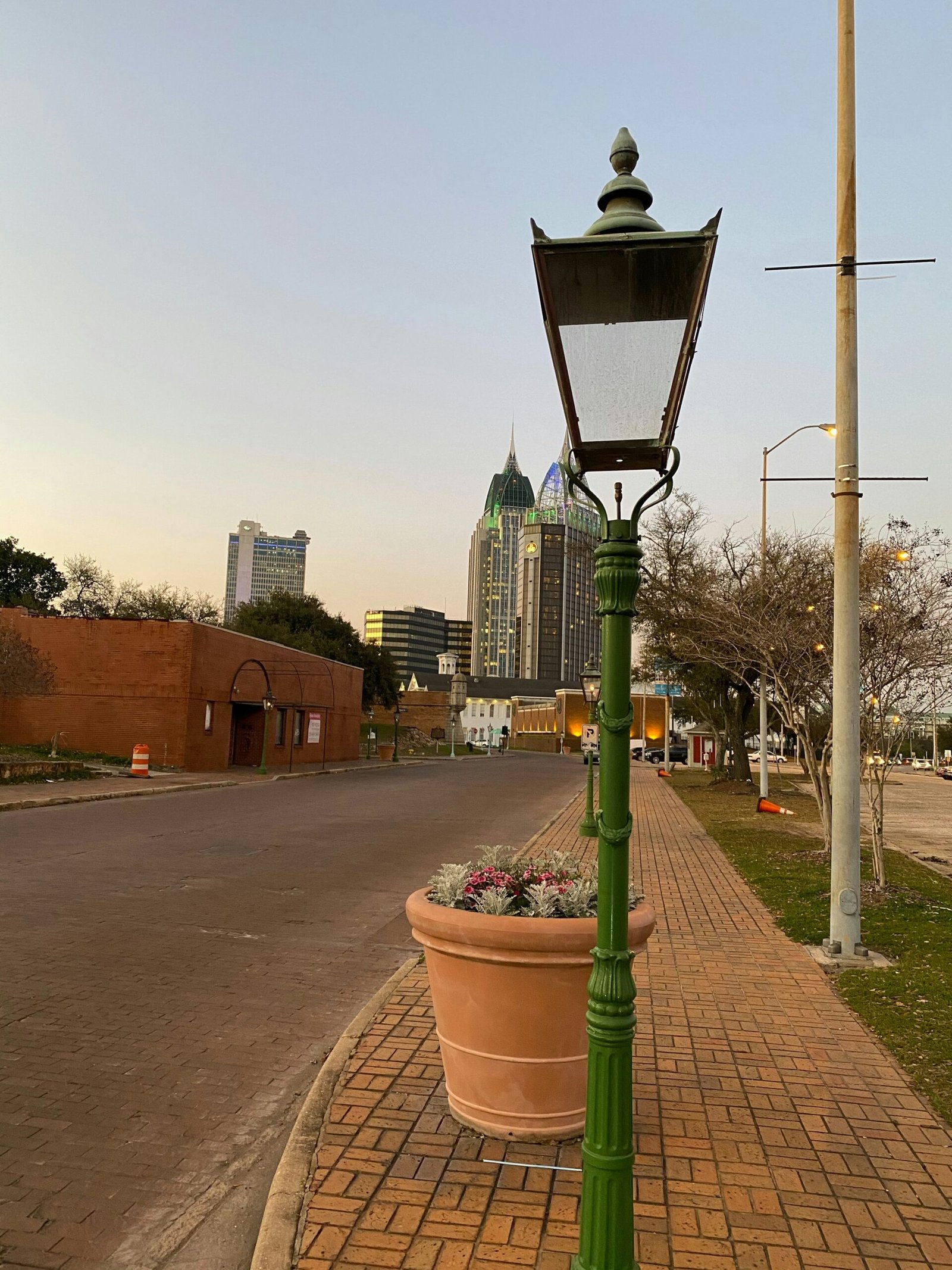 A lamp post with a potted plant on the side of it